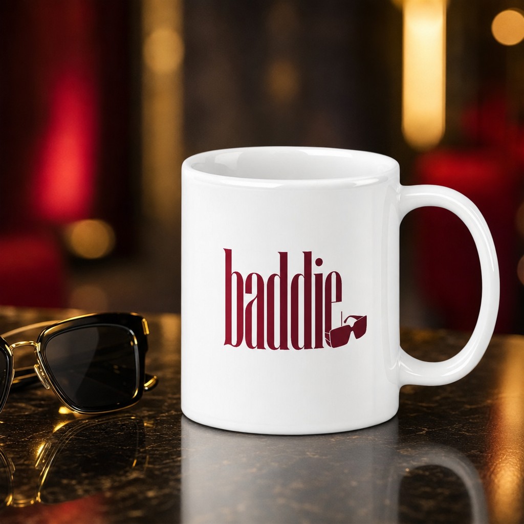 baddie mug, on a table