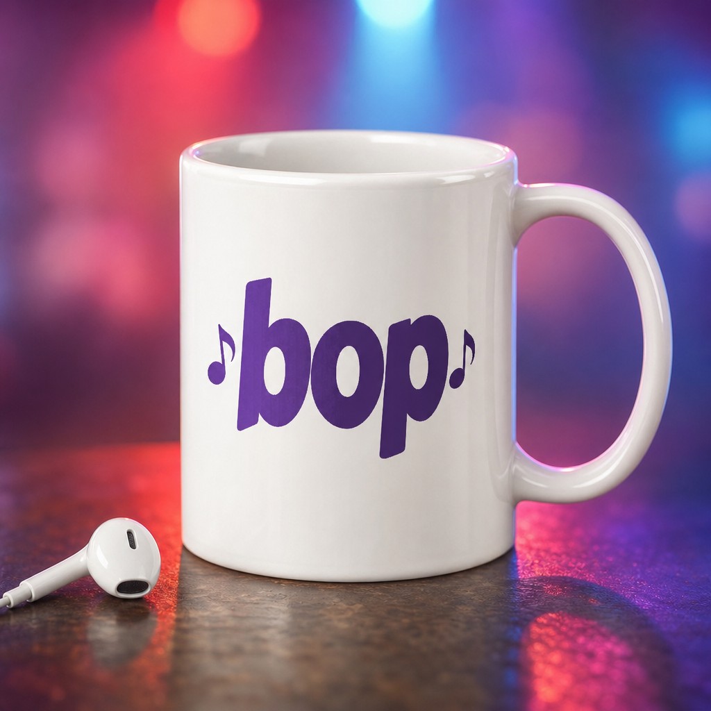 bop mug, on a table