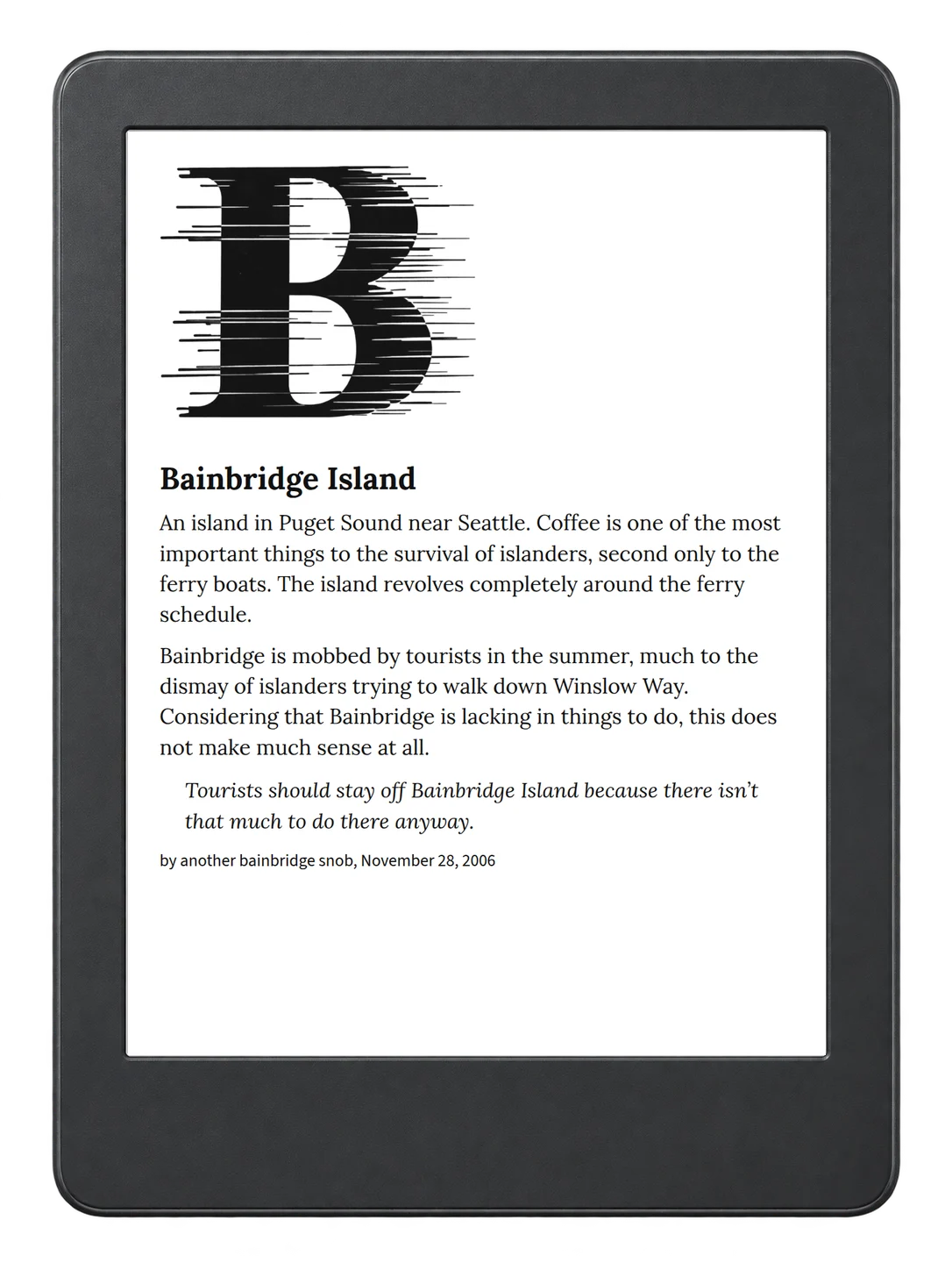 Selected passage from Urban Dictionary of the Pacific Northwest on an illustrative e-reader (device not included)