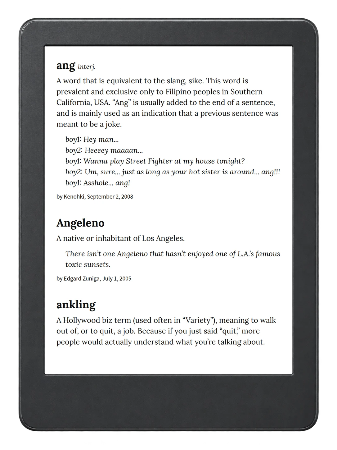 Selected passage from Urban Dictionary of Los Angeles on an illustrative e-reader (device not included)