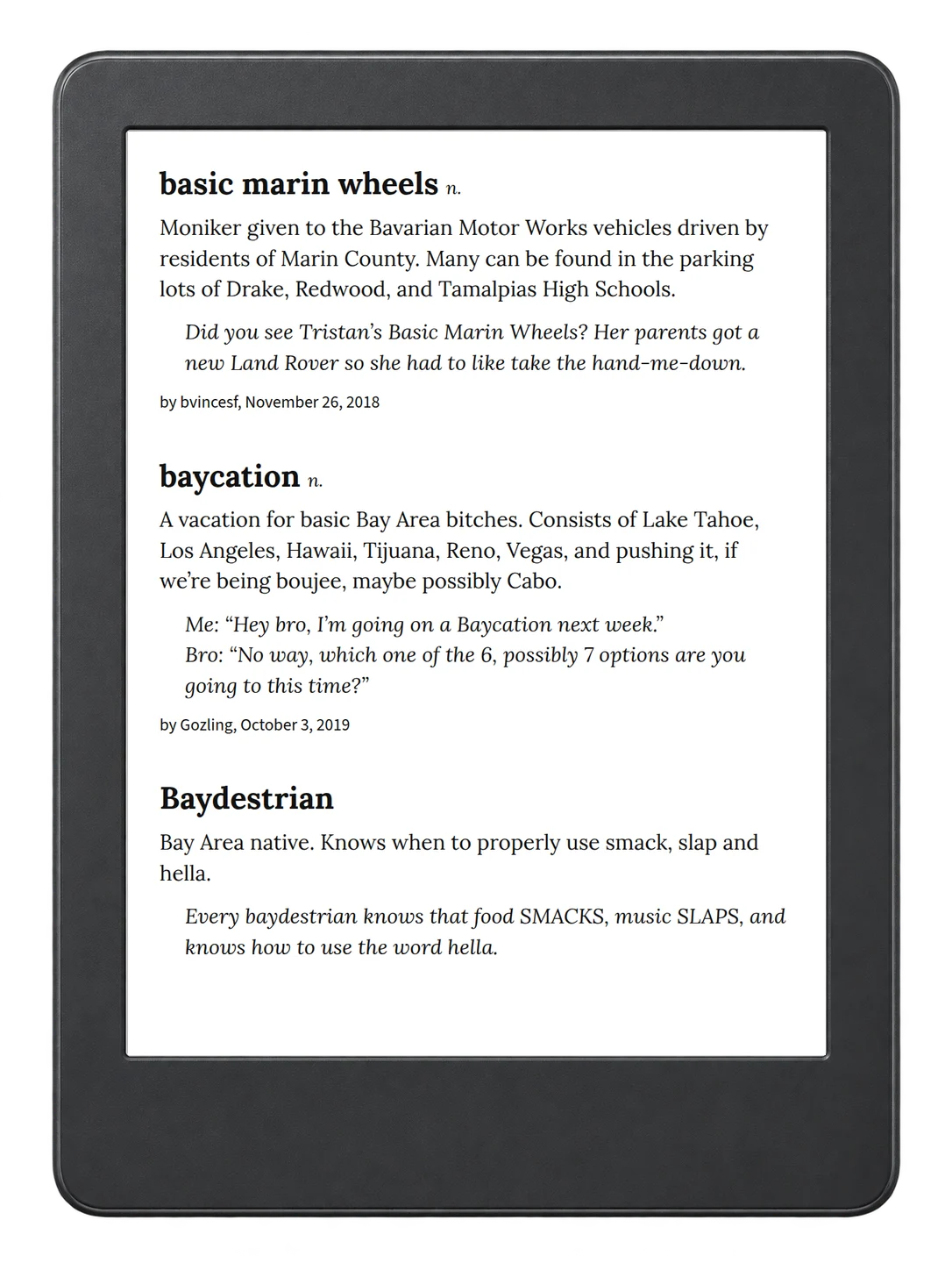 Selected passage from Urban Dictionary of the San Francisco Bay Area on an illustrative e-reader (device not included)