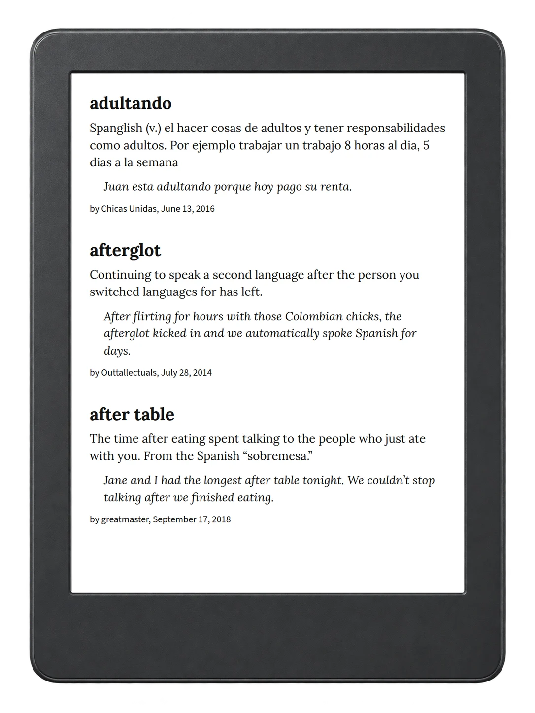 Selected passage from Urban Dictionary of Spanglish on an illustrative e-reader (device not included)
