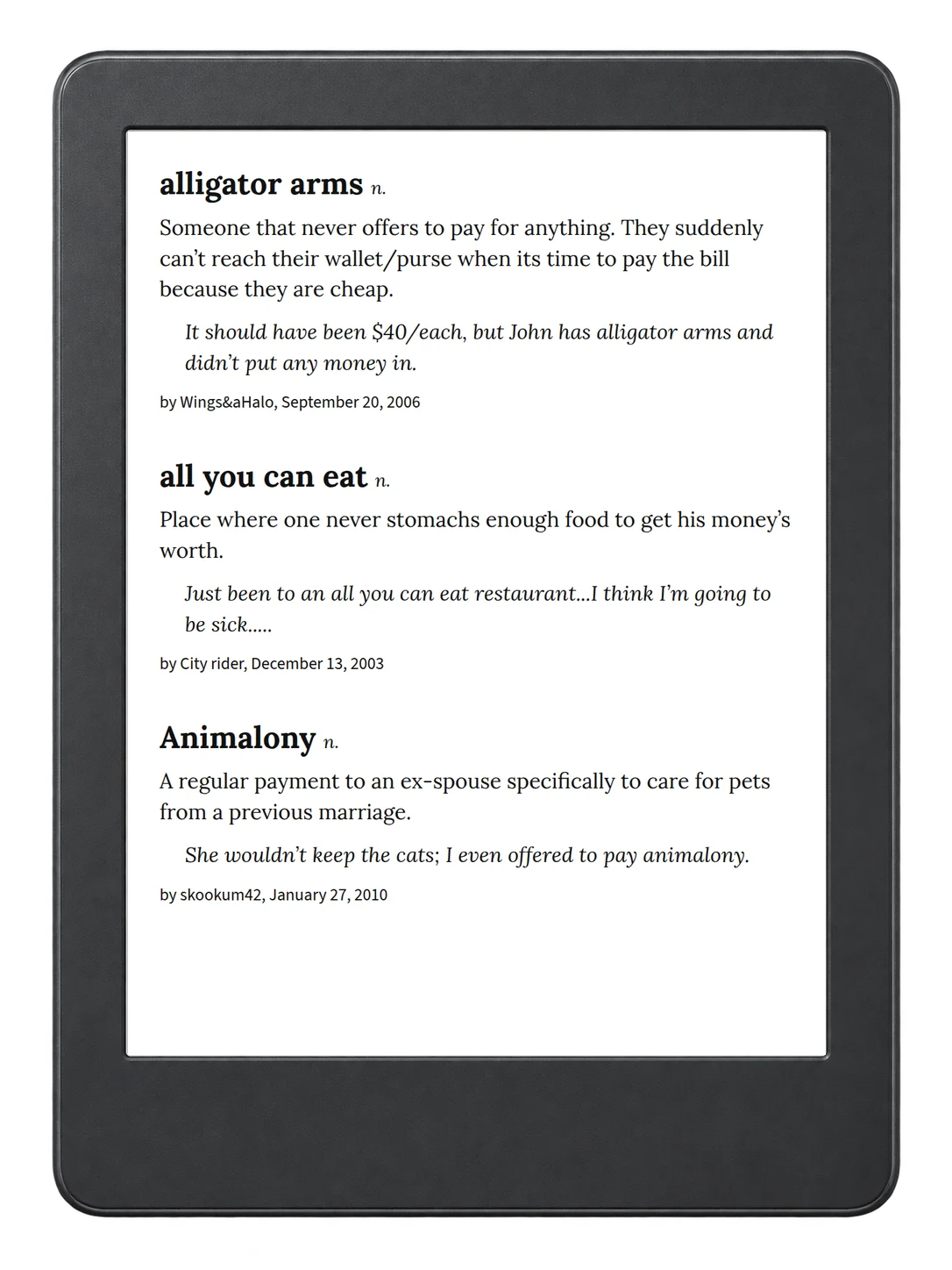 Selected passage from Urban Dictionary of Money on an illustrative e-reader (device not included)