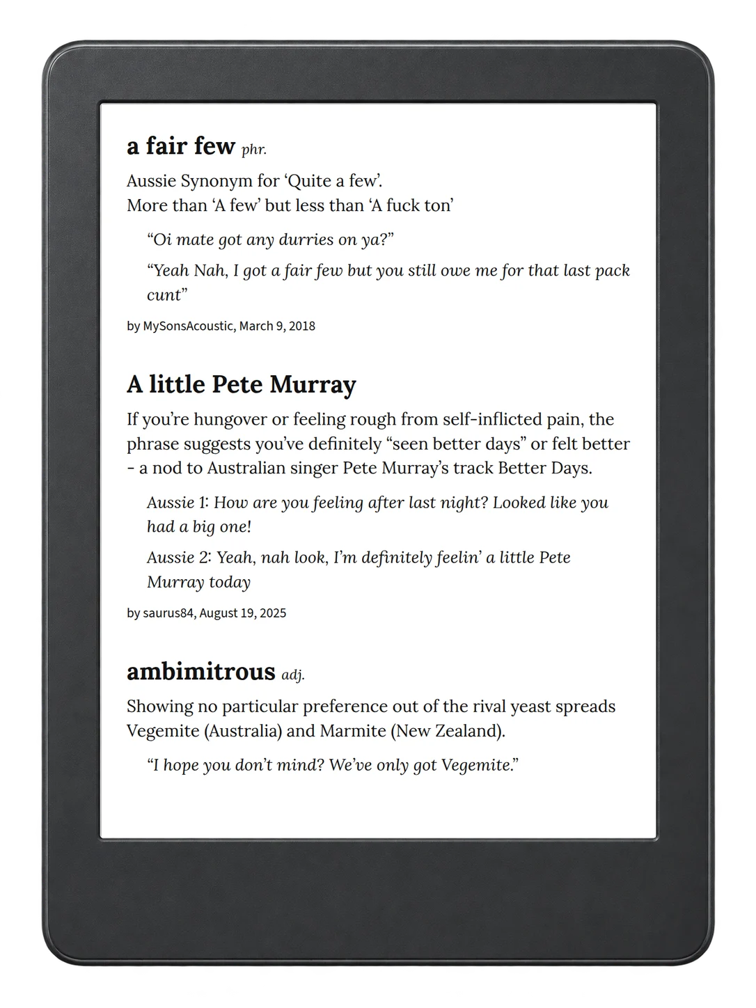 Selected passage from Urban Dictionary of Australia on an illustrative e-reader (device not included)