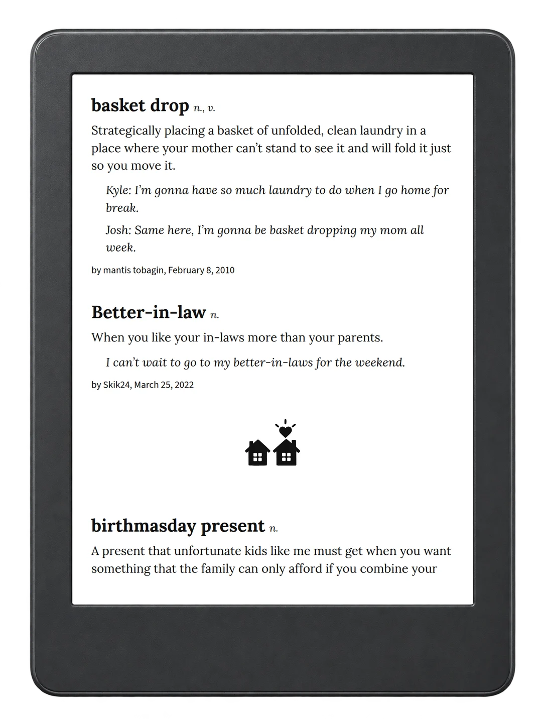 Selected passage from Urban Dictionary of Family on an illustrative e-reader (device not included)
