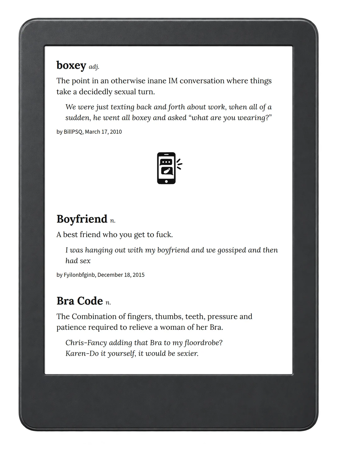 Selected passage from Urban Dictionary of Sex on an illustrative e-reader (device not included)