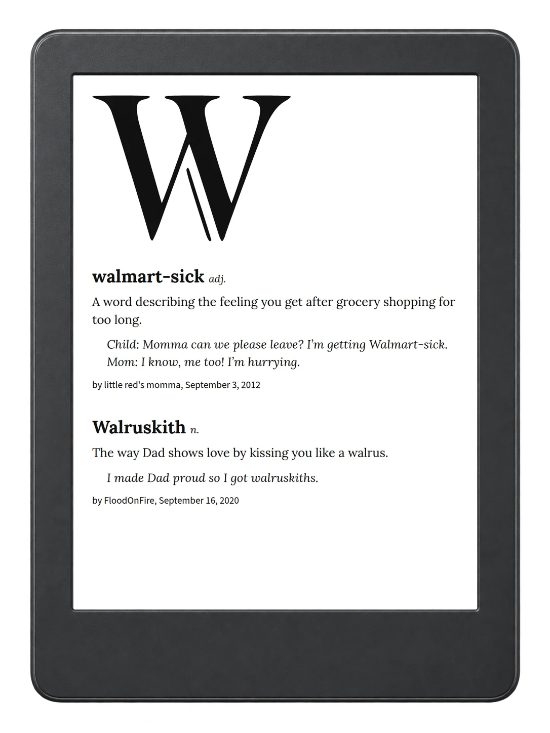 Selected passage from Urban Dictionary of Family on an illustrative e-reader (device not included)