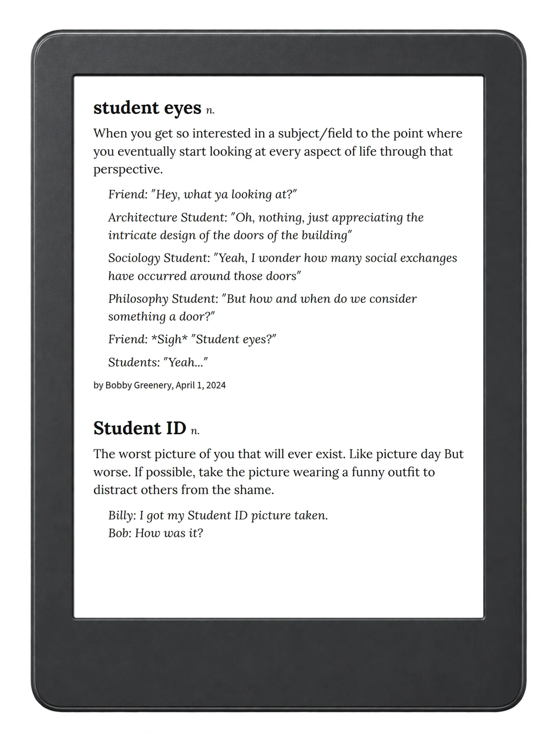 Selected passage from Urban Dictionary of College on an illustrative e-reader (device not included)