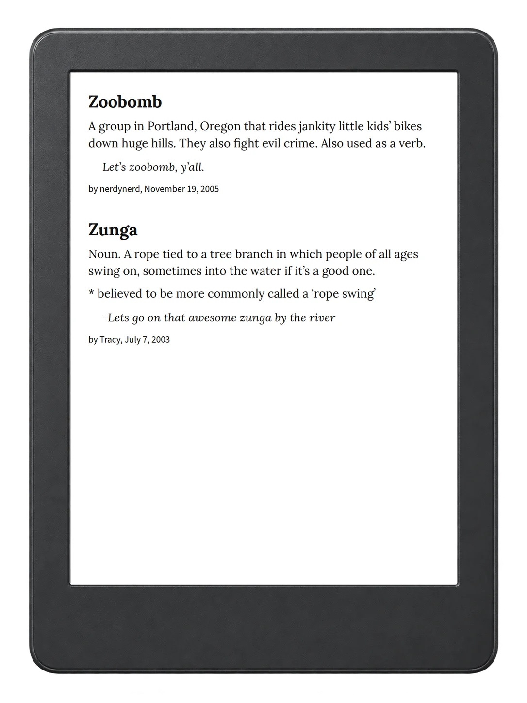 Selected passage from Urban Dictionary of the Pacific Northwest on an illustrative e-reader (device not included)