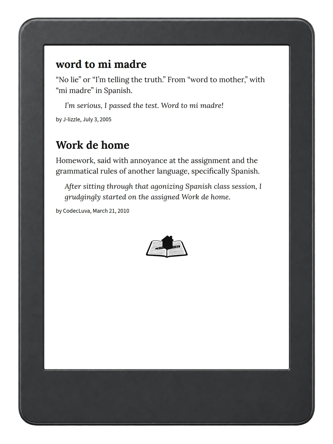 Selected passage from Urban Dictionary of Spanglish on an illustrative e-reader (device not included)