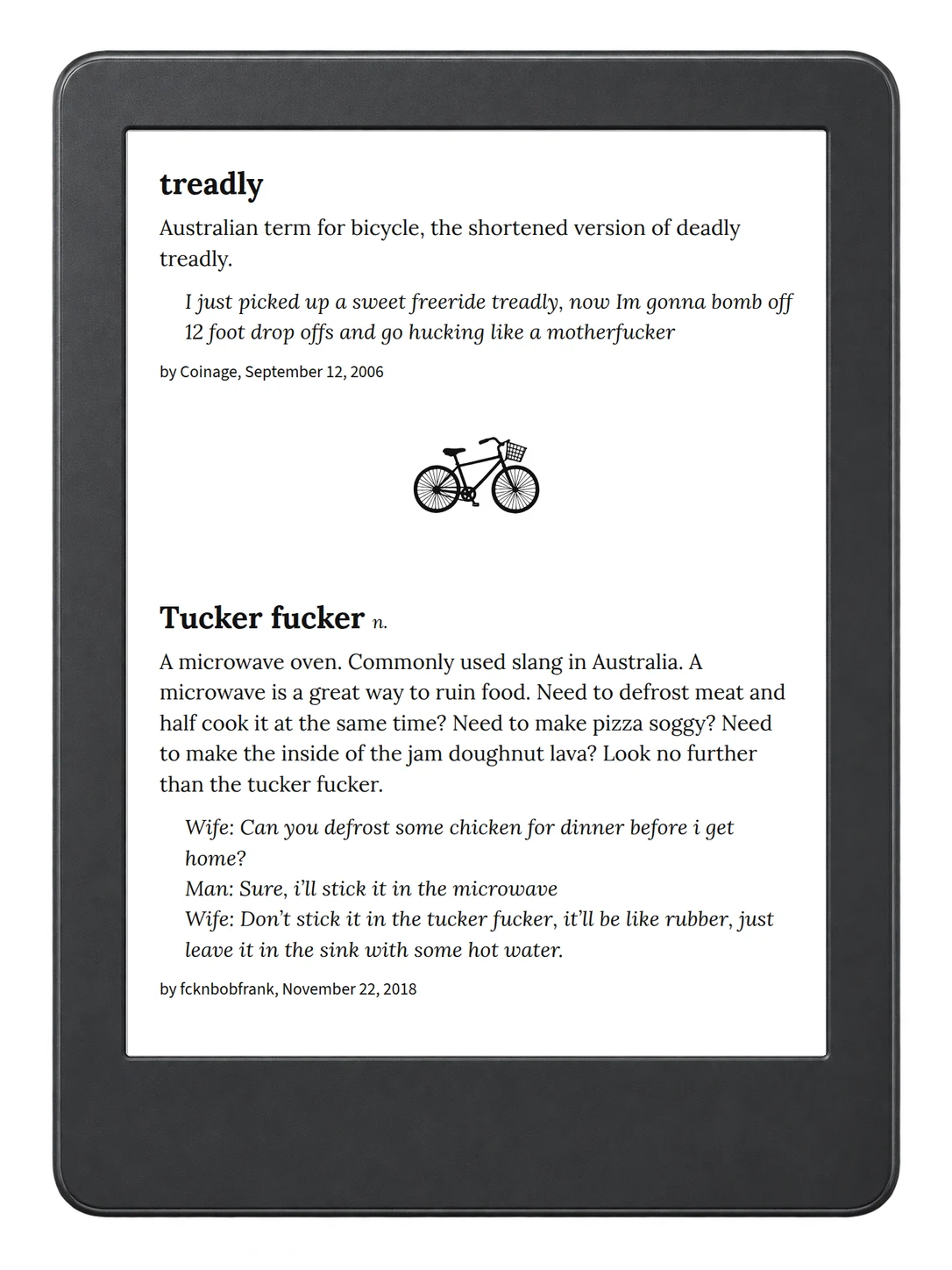 Selected passage from Urban Dictionary of Australia on an illustrative e-reader (device not included)