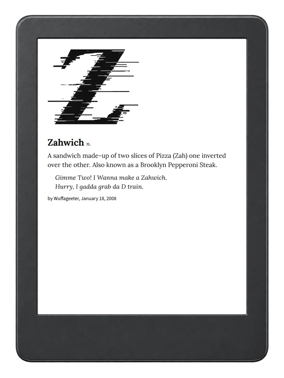 Selected passage from Urban Dictionary of New York on an illustrative e-reader (device not included)