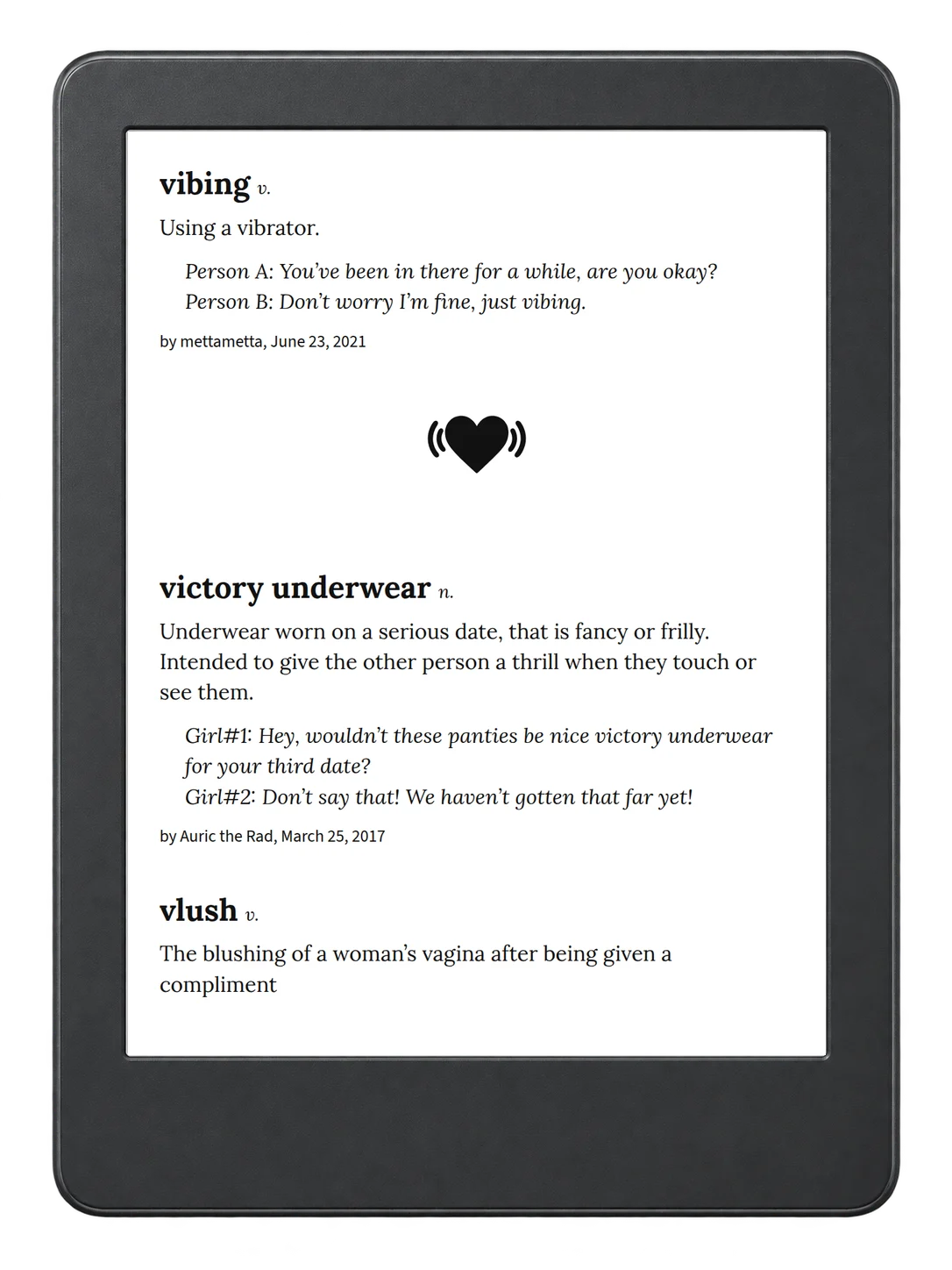 Selected passage from Urban Dictionary of Sex on an illustrative e-reader (device not included)