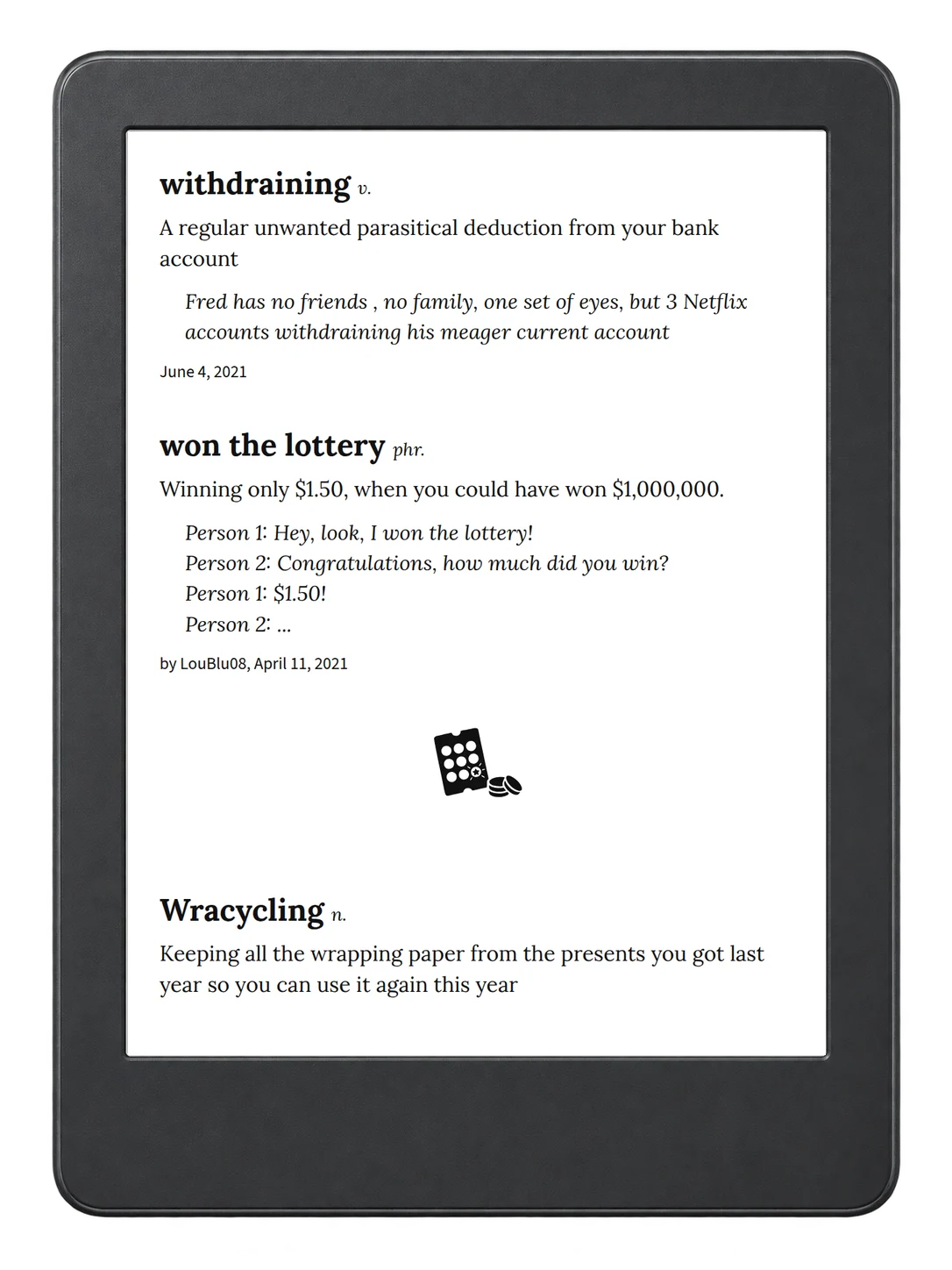 Selected passage from Urban Dictionary of Money on an illustrative e-reader (device not included)