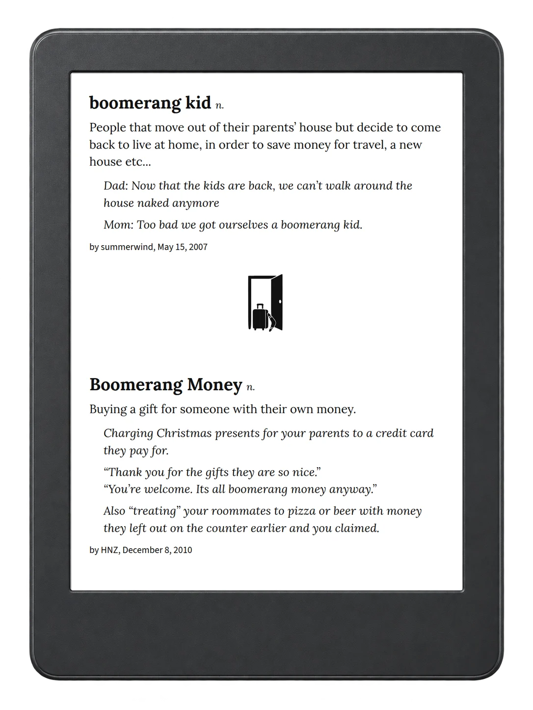 Selected passage from Urban Dictionary of Family on an illustrative e-reader (device not included)