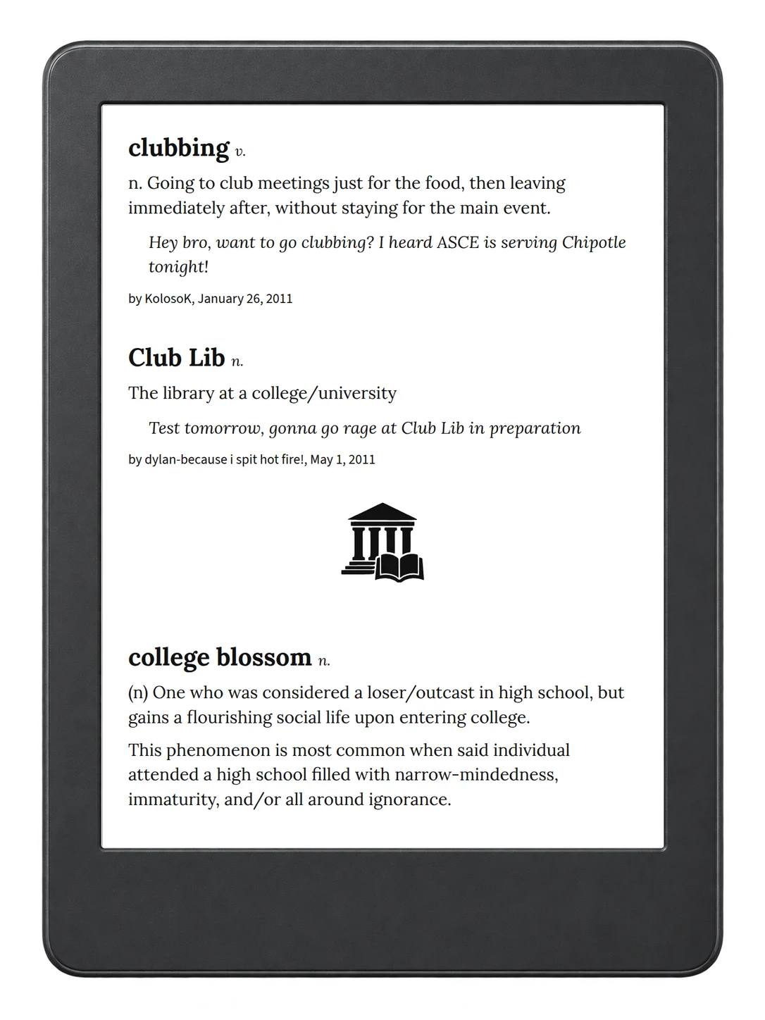 Selected passage from Urban Dictionary of College on an illustrative e-reader (device not included)