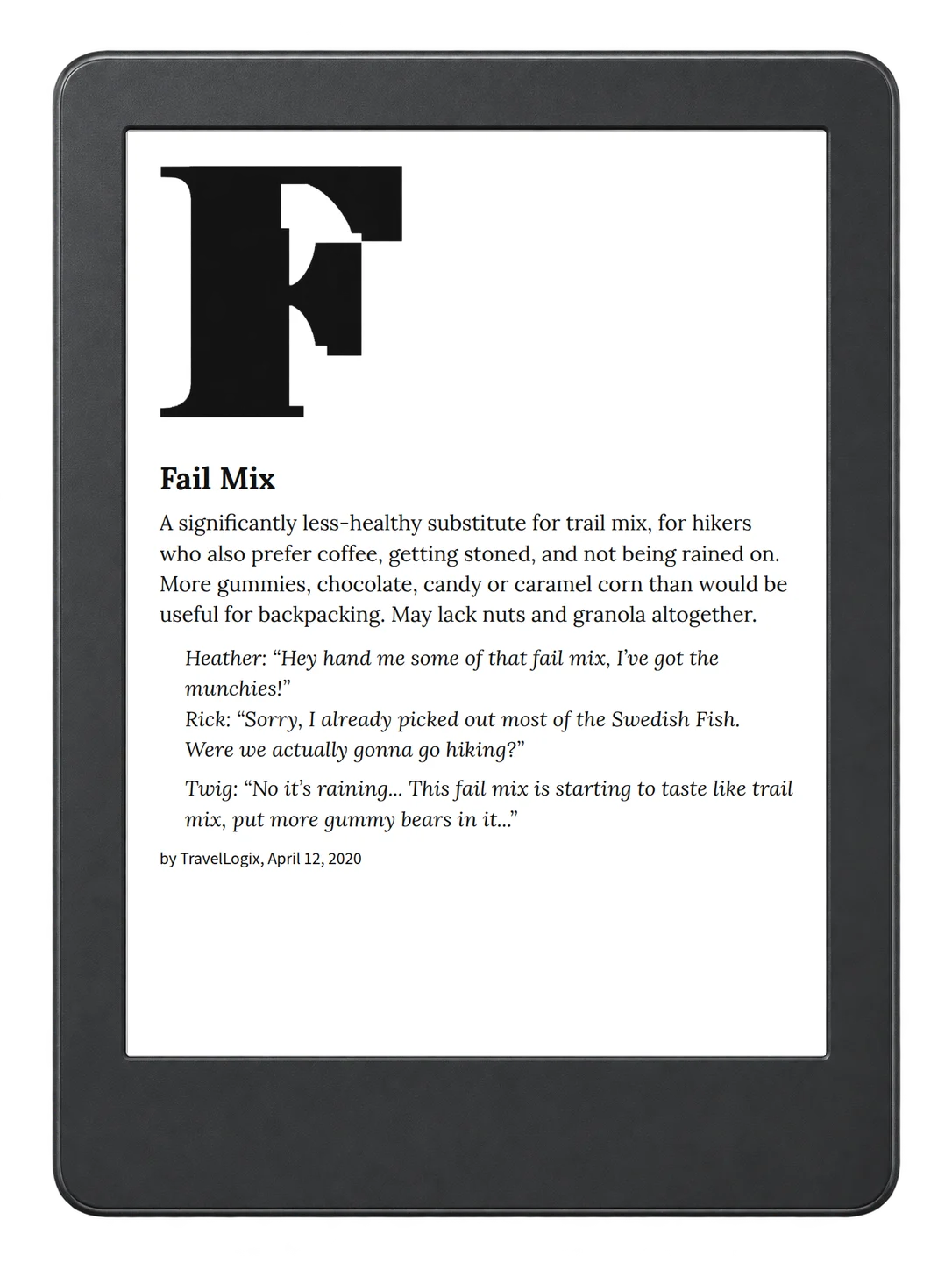 Selected passage from Urban Dictionary of the Pacific Northwest on an illustrative e-reader (device not included)