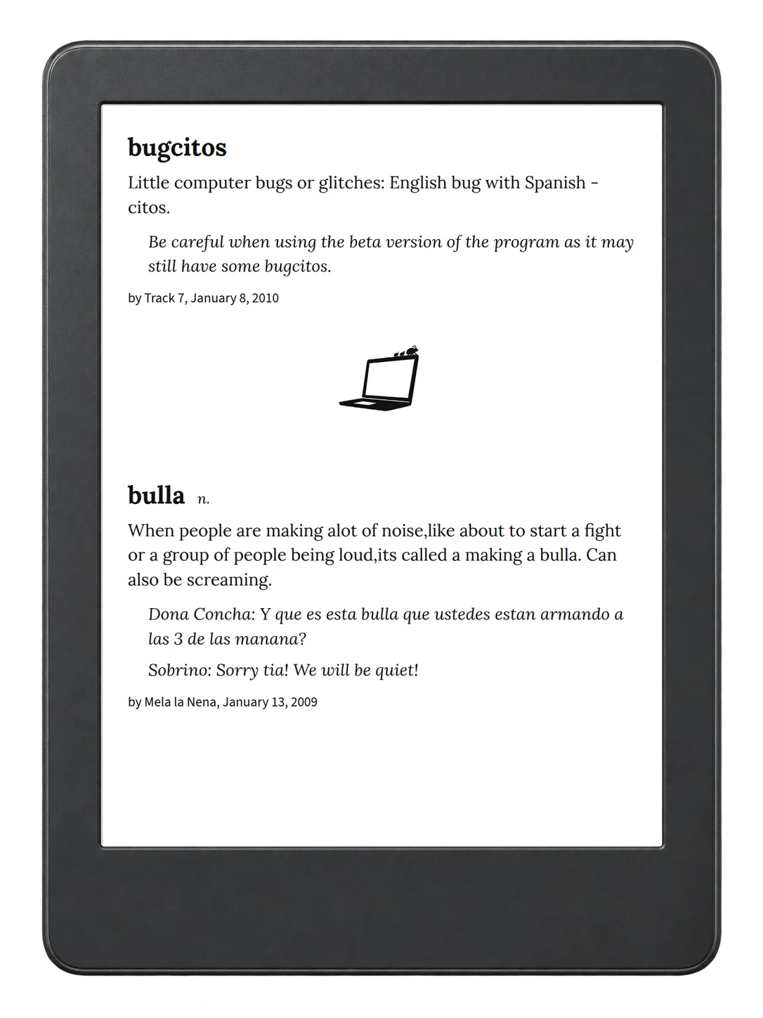 Selected passage from Urban Dictionary of Spanglish on an illustrative e-reader (device not included)