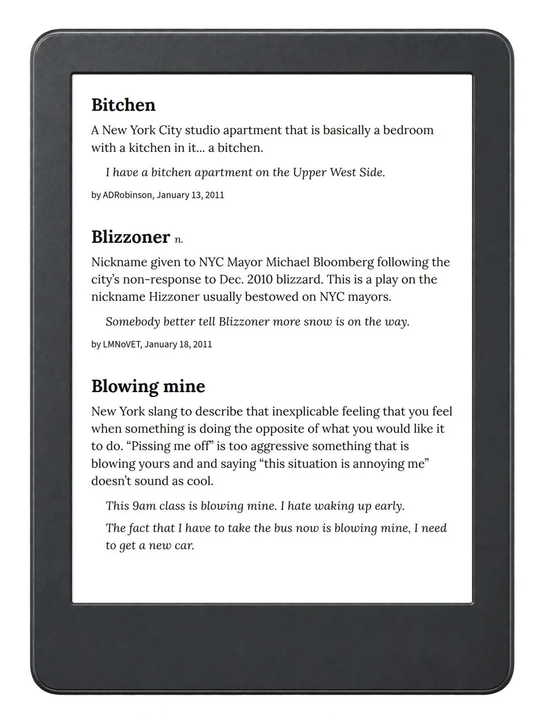 Selected passage from Urban Dictionary of New York on an illustrative e-reader (device not included)
