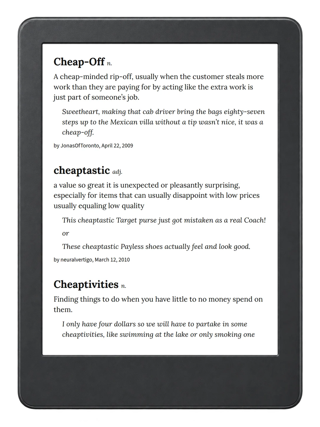 Selected passage from Urban Dictionary of Money on an illustrative e-reader (device not included)