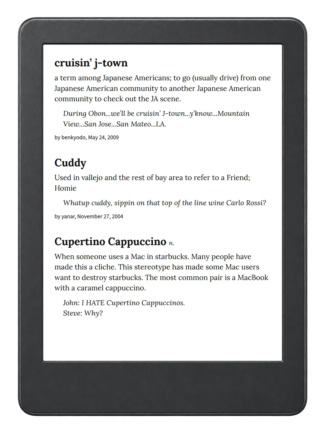 Selected passage from Urban Dictionary of the San Francisco Bay Area on an illustrative e-reader (device not included)