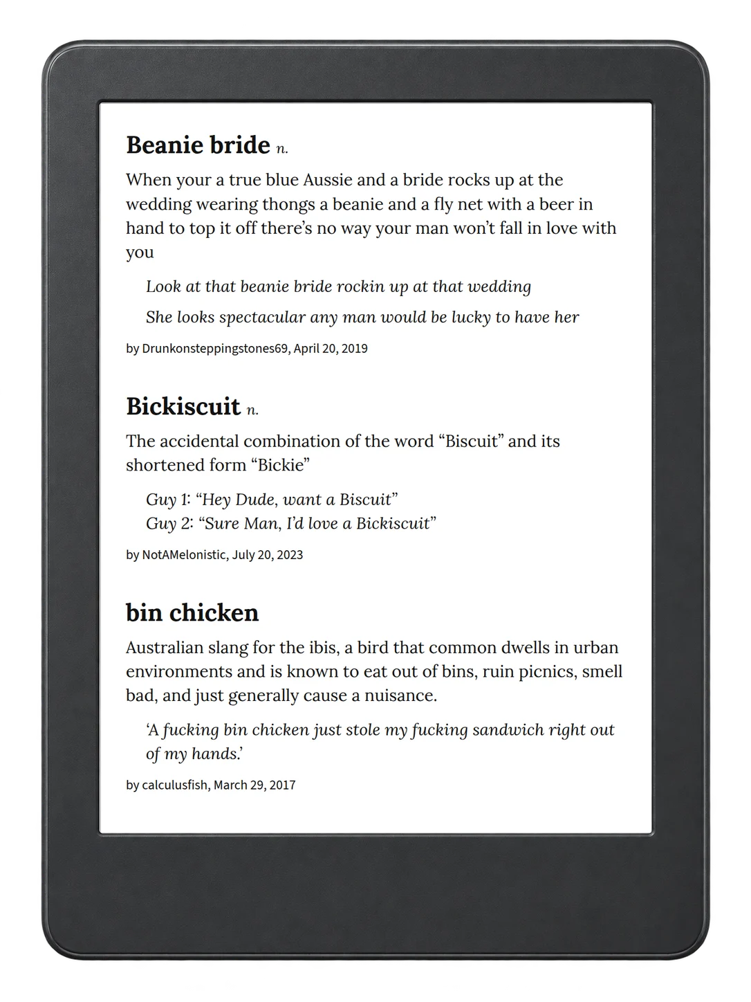 Selected passage from Urban Dictionary of Australia on an illustrative e-reader (device not included)