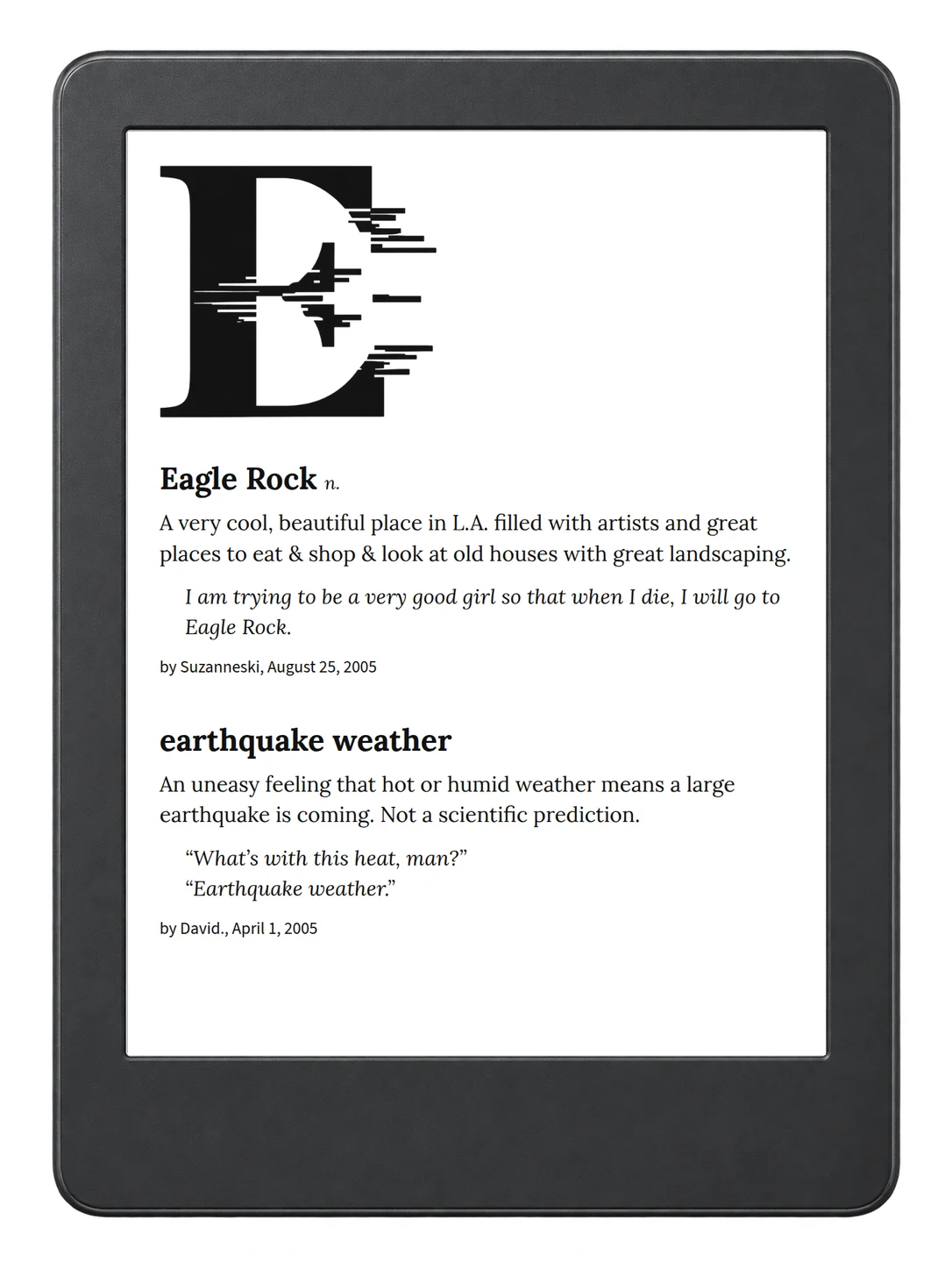 Selected passage from Urban Dictionary of Los Angeles on an illustrative e-reader (device not included)