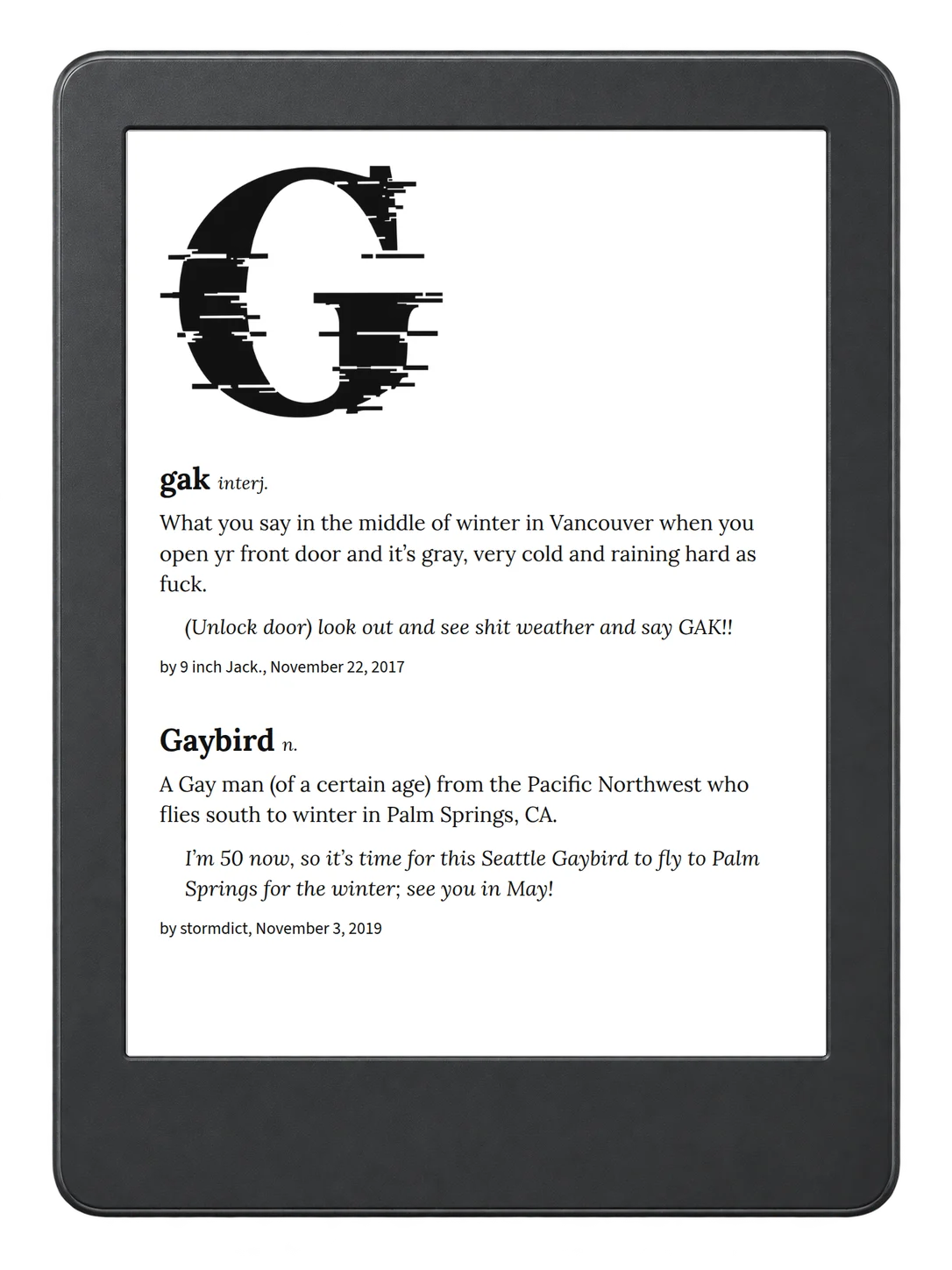 Selected passage from Urban Dictionary of the Pacific Northwest on an illustrative e-reader (device not included)