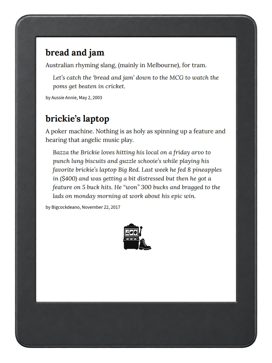 Selected passage from Urban Dictionary of Australia on an illustrative e-reader (device not included)