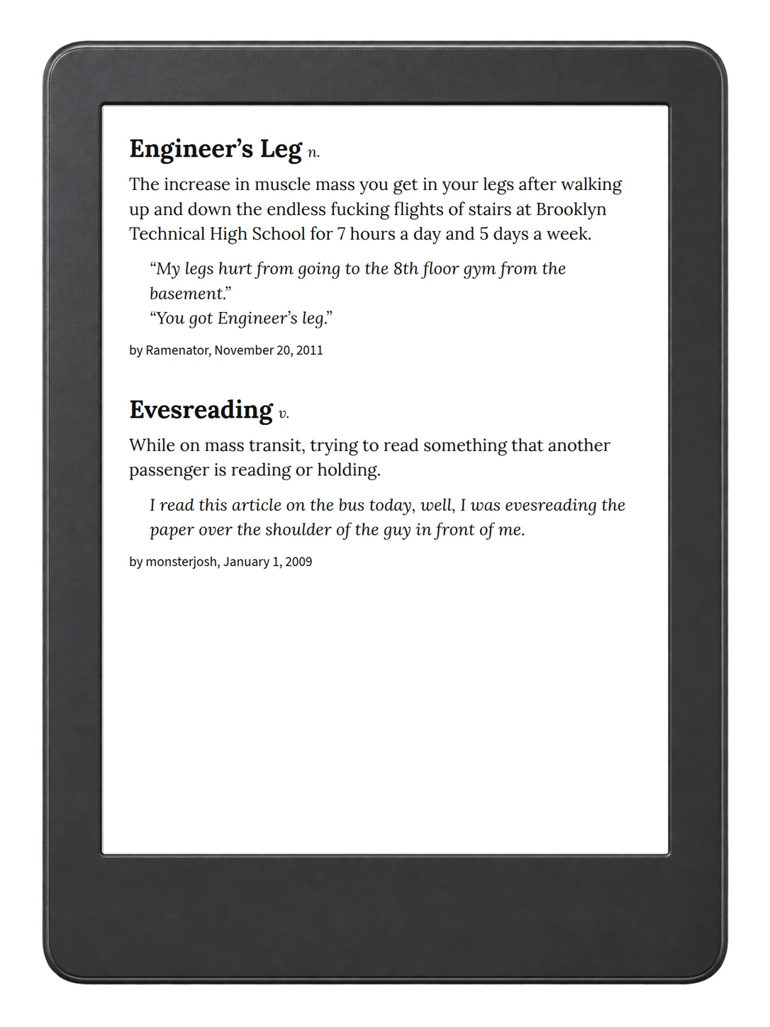 Selected passage from Urban Dictionary of New York on an illustrative e-reader (device not included)