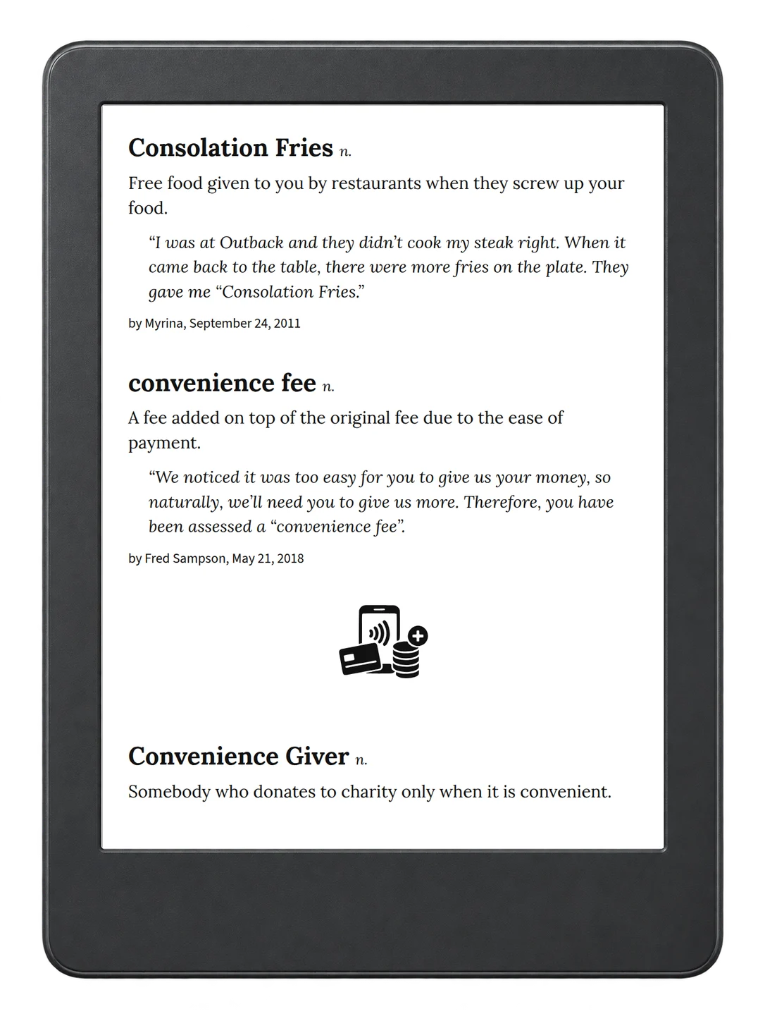 Selected passage from Urban Dictionary of Money on an illustrative e-reader (device not included)