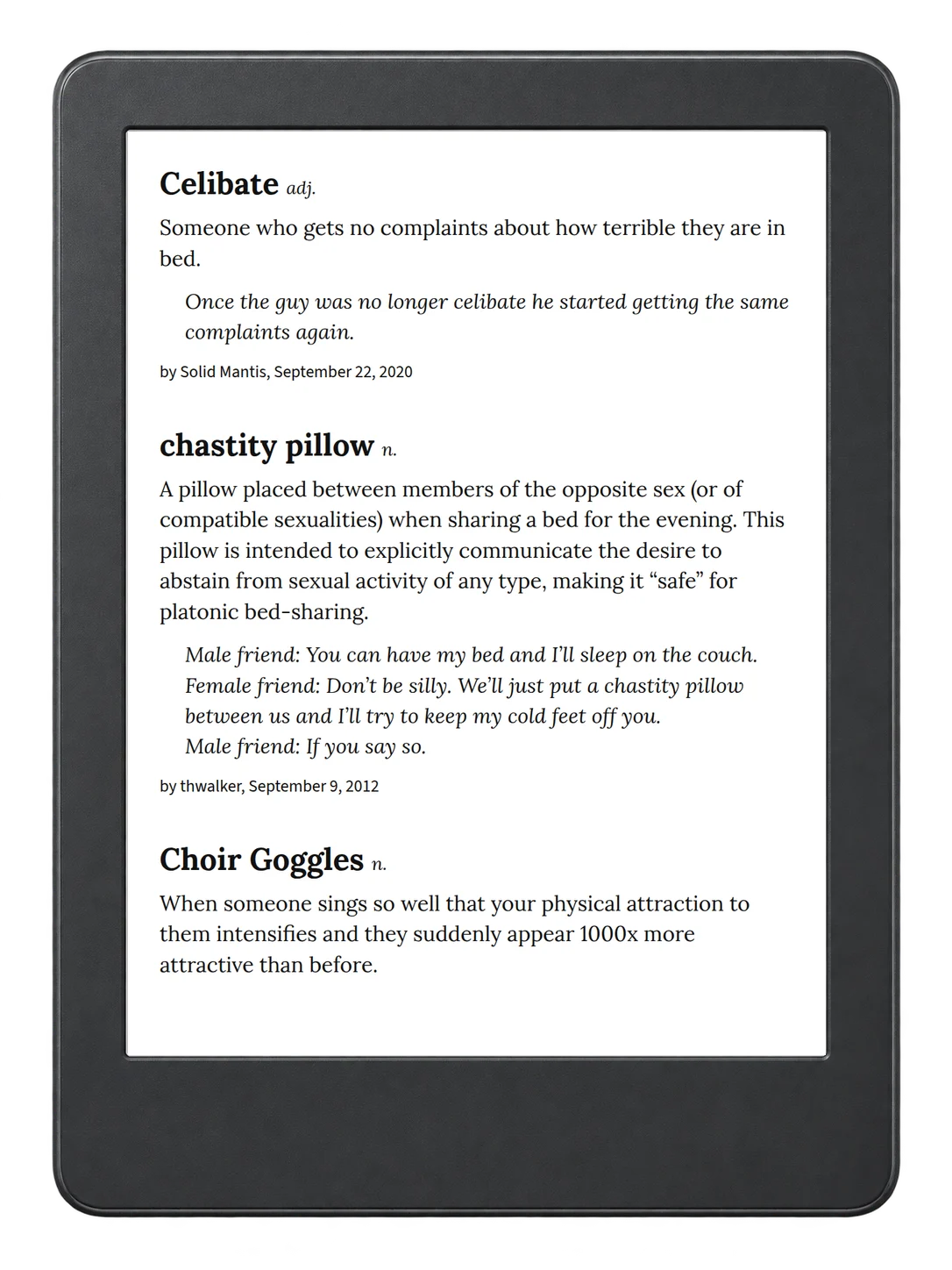 Selected passage from Urban Dictionary of Sex on an illustrative e-reader (device not included)