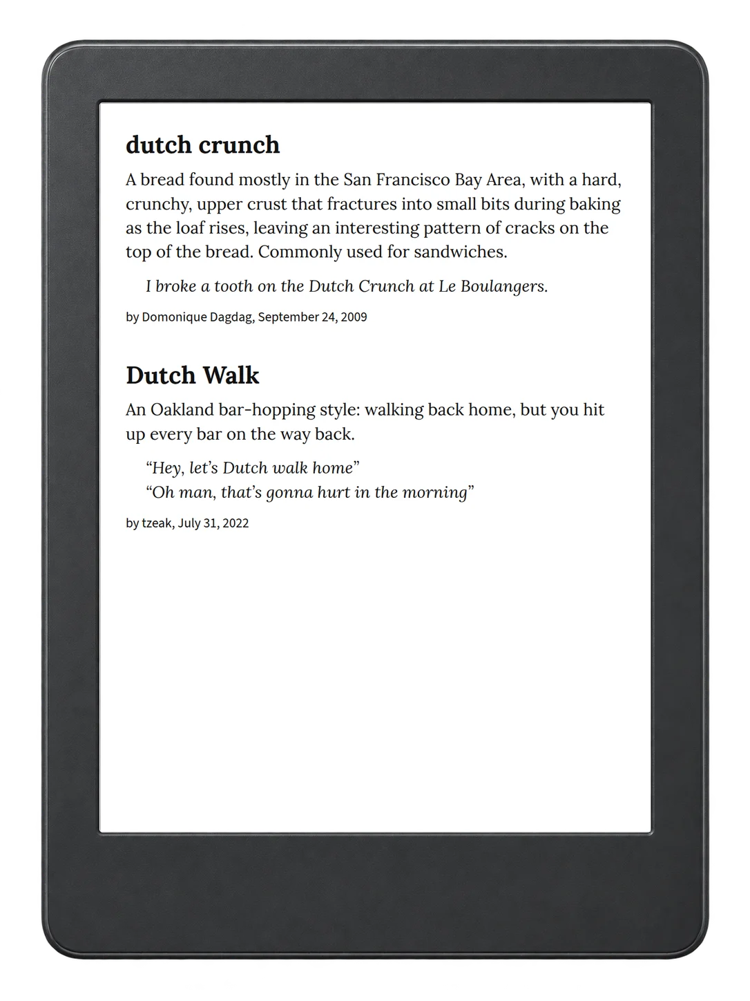 Selected passage from Urban Dictionary of the San Francisco Bay Area on an illustrative e-reader (device not included)