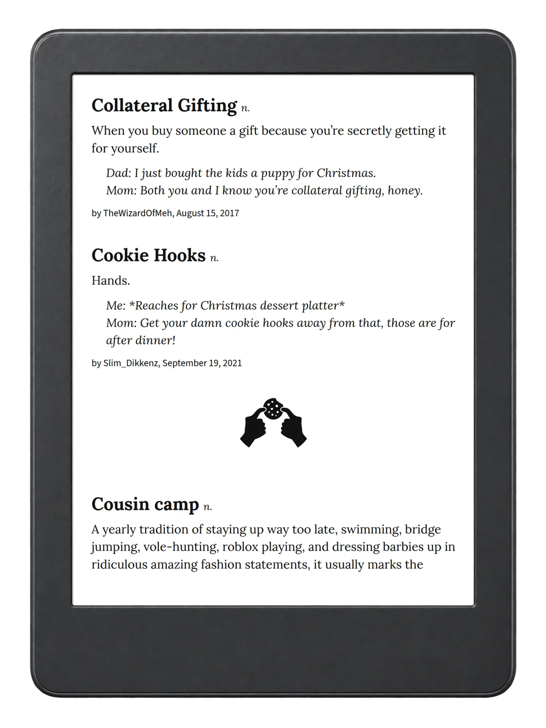 Selected passage from Urban Dictionary of Family on an illustrative e-reader (device not included)