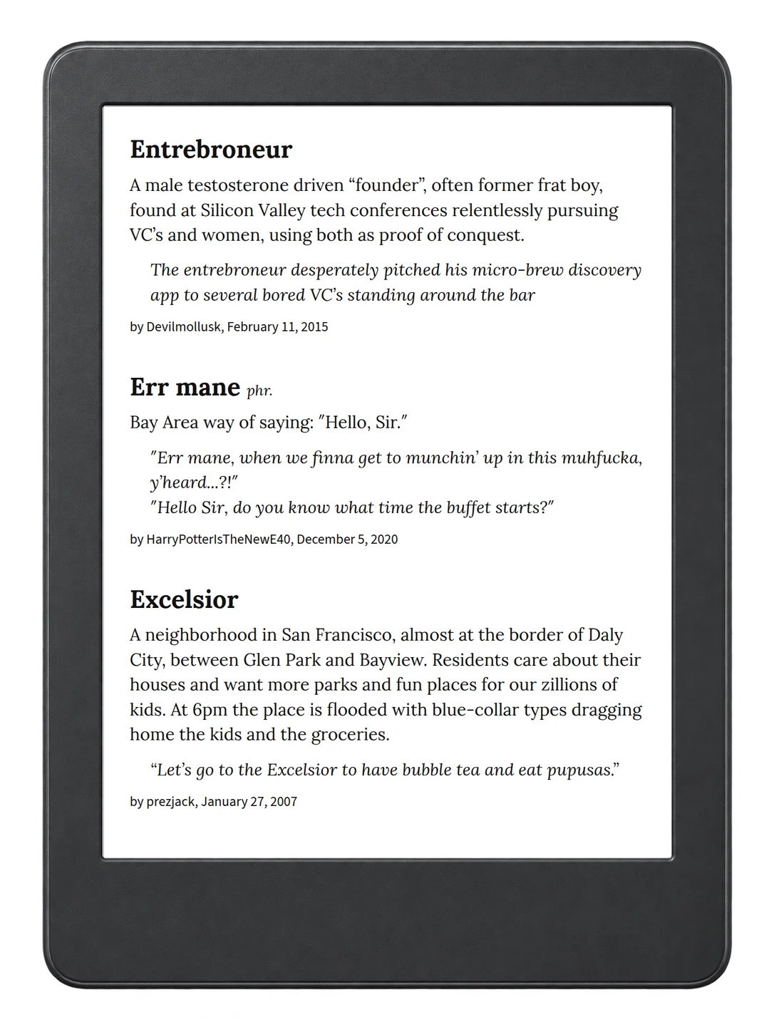 Selected passage from Urban Dictionary of the San Francisco Bay Area on an illustrative e-reader (device not included)