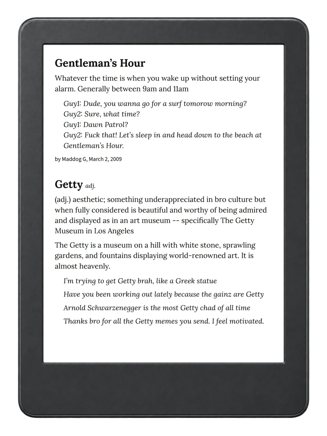 Selected passage from Urban Dictionary of Los Angeles on an illustrative e-reader (device not included)