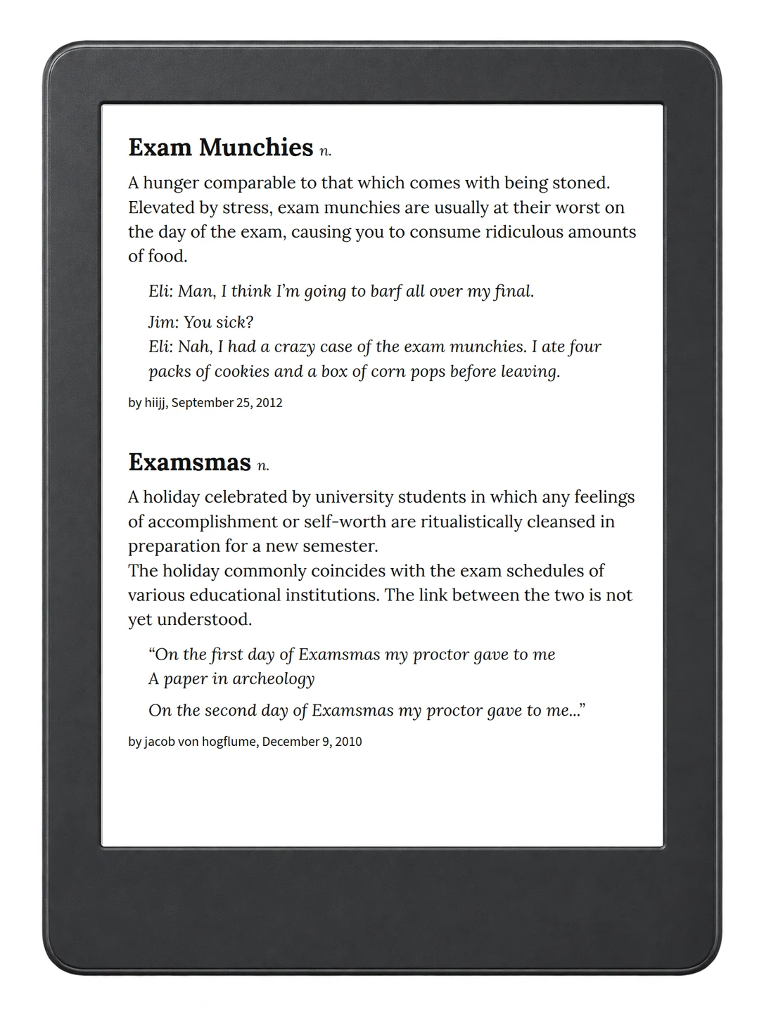 Selected passage from Urban Dictionary of College on an illustrative e-reader (device not included)
