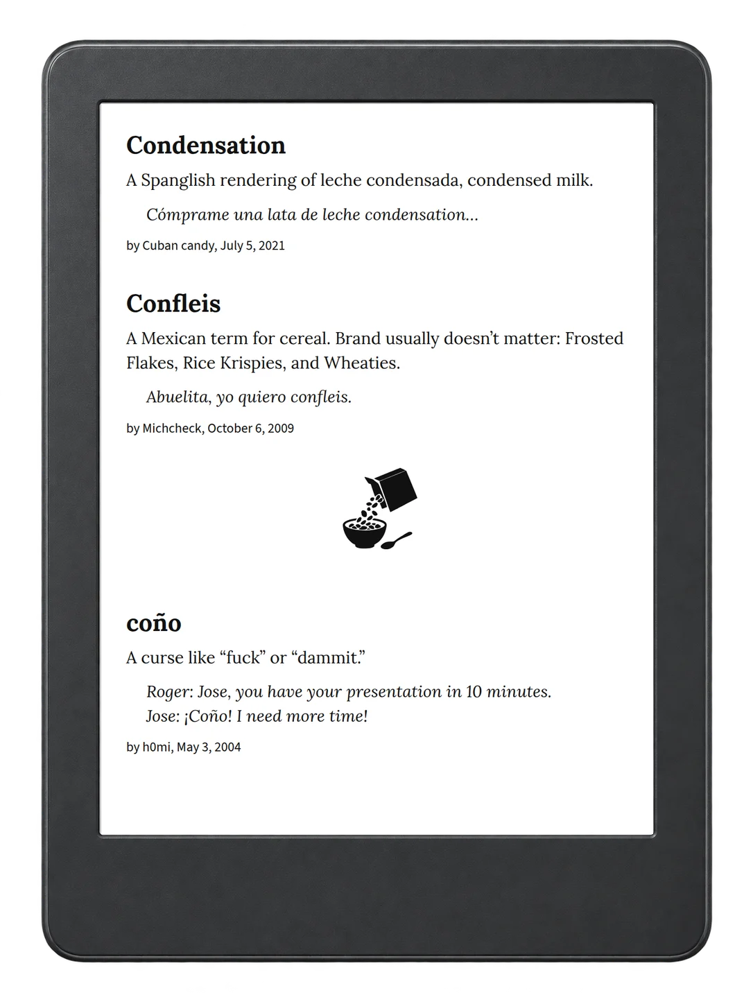 Selected passage from Urban Dictionary of Spanglish on an illustrative e-reader (device not included)