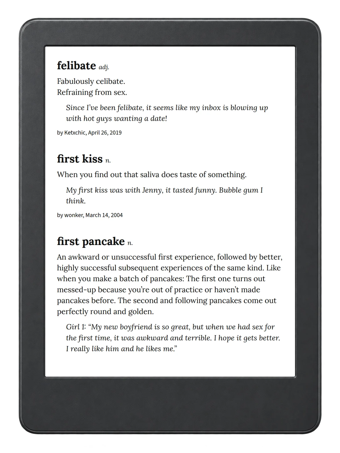 Selected passage from Urban Dictionary of Sex on an illustrative e-reader (device not included)
