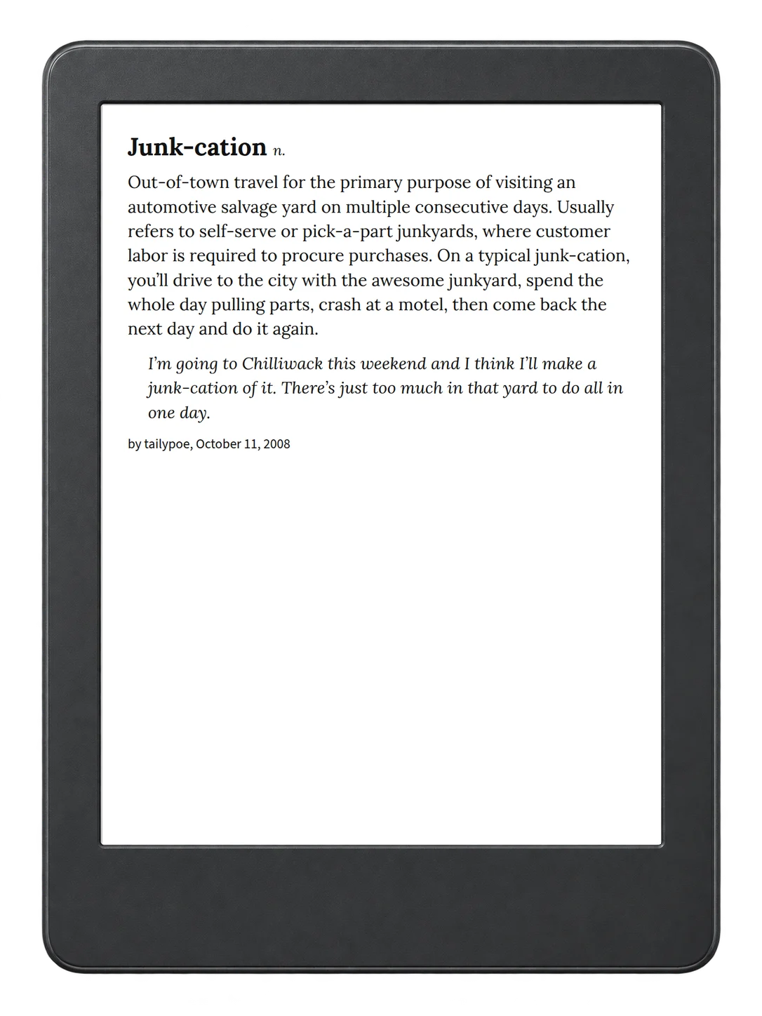 Selected passage from Urban Dictionary of the Pacific Northwest on an illustrative e-reader (device not included)