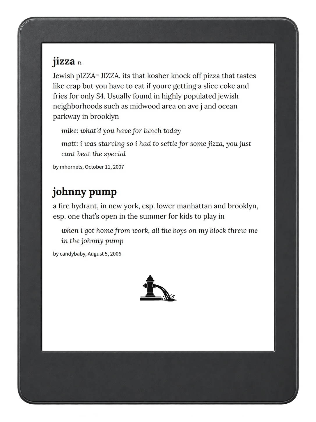 Selected passage from Urban Dictionary of New York on an illustrative e-reader (device not included)