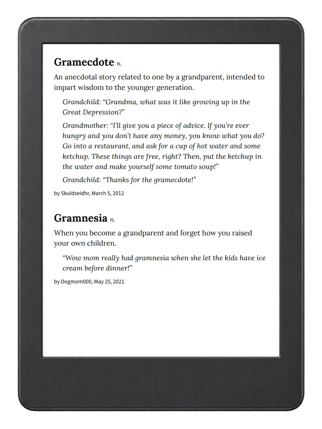 Selected passage from Urban Dictionary of Family on an illustrative e-reader (device not included)