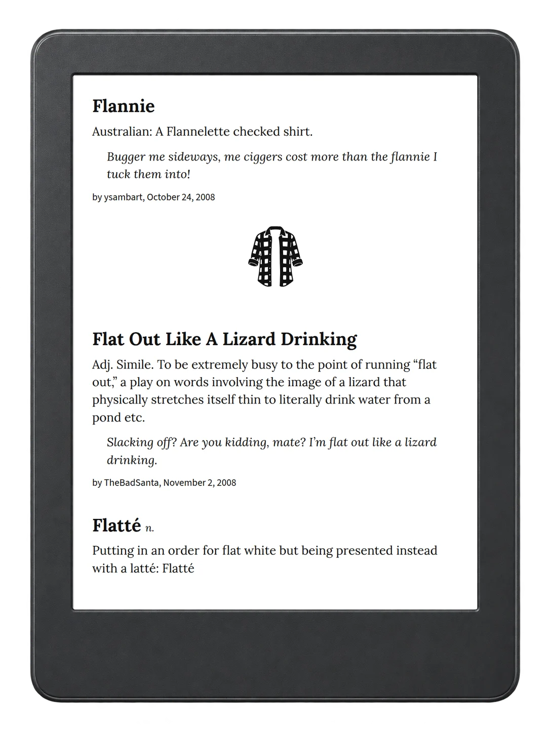 Selected passage from Urban Dictionary of Australia on an illustrative e-reader (device not included)