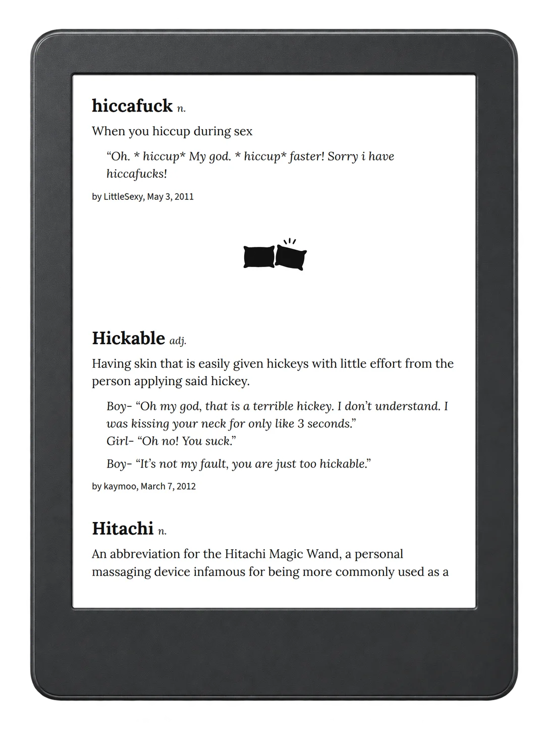 Selected passage from Urban Dictionary of Sex on an illustrative e-reader (device not included)