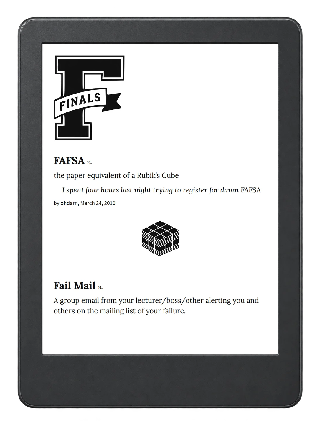 Selected passage from Urban Dictionary of College on an illustrative e-reader (device not included)