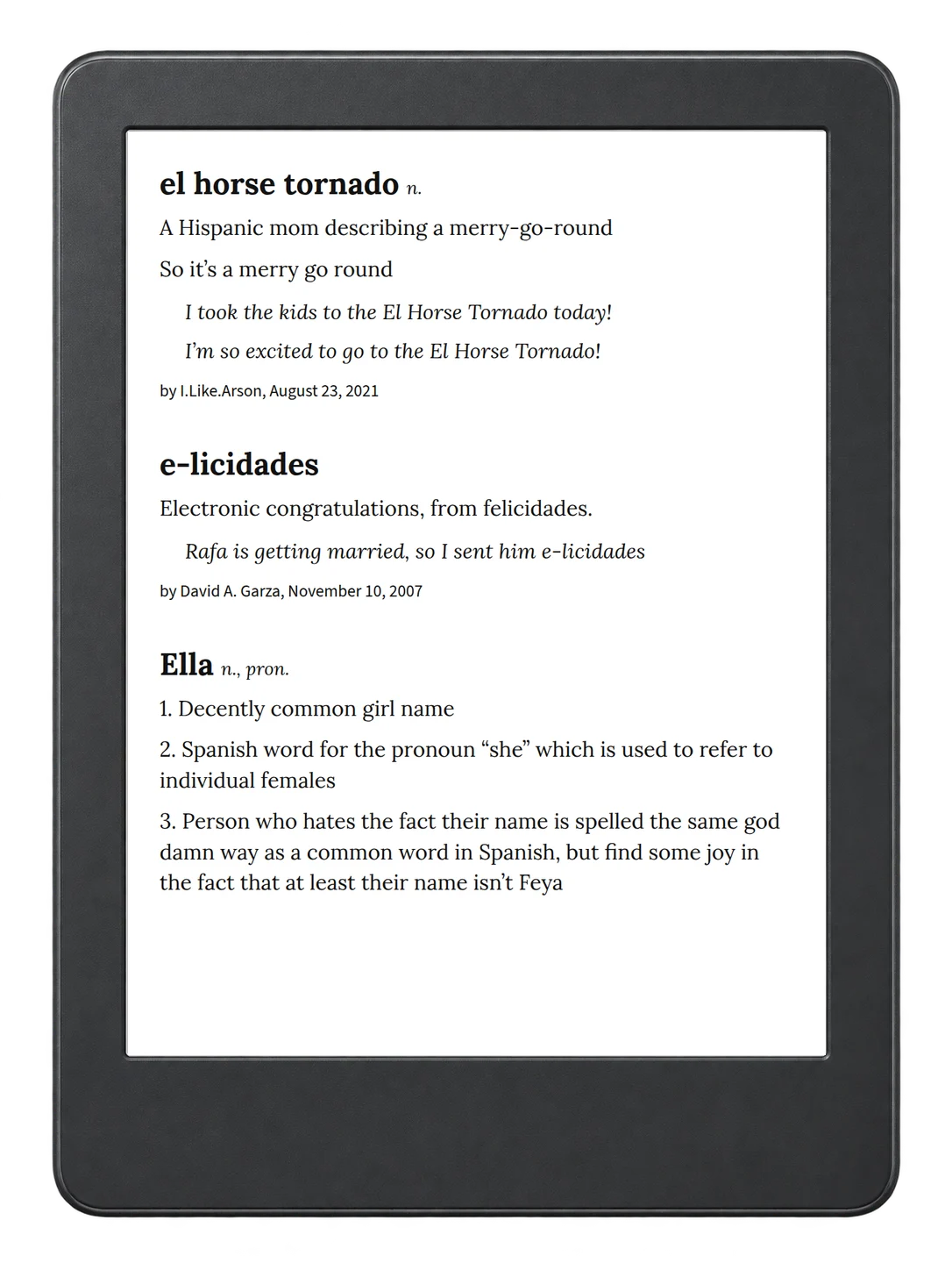 Selected passage from Urban Dictionary of Spanglish on an illustrative e-reader (device not included)