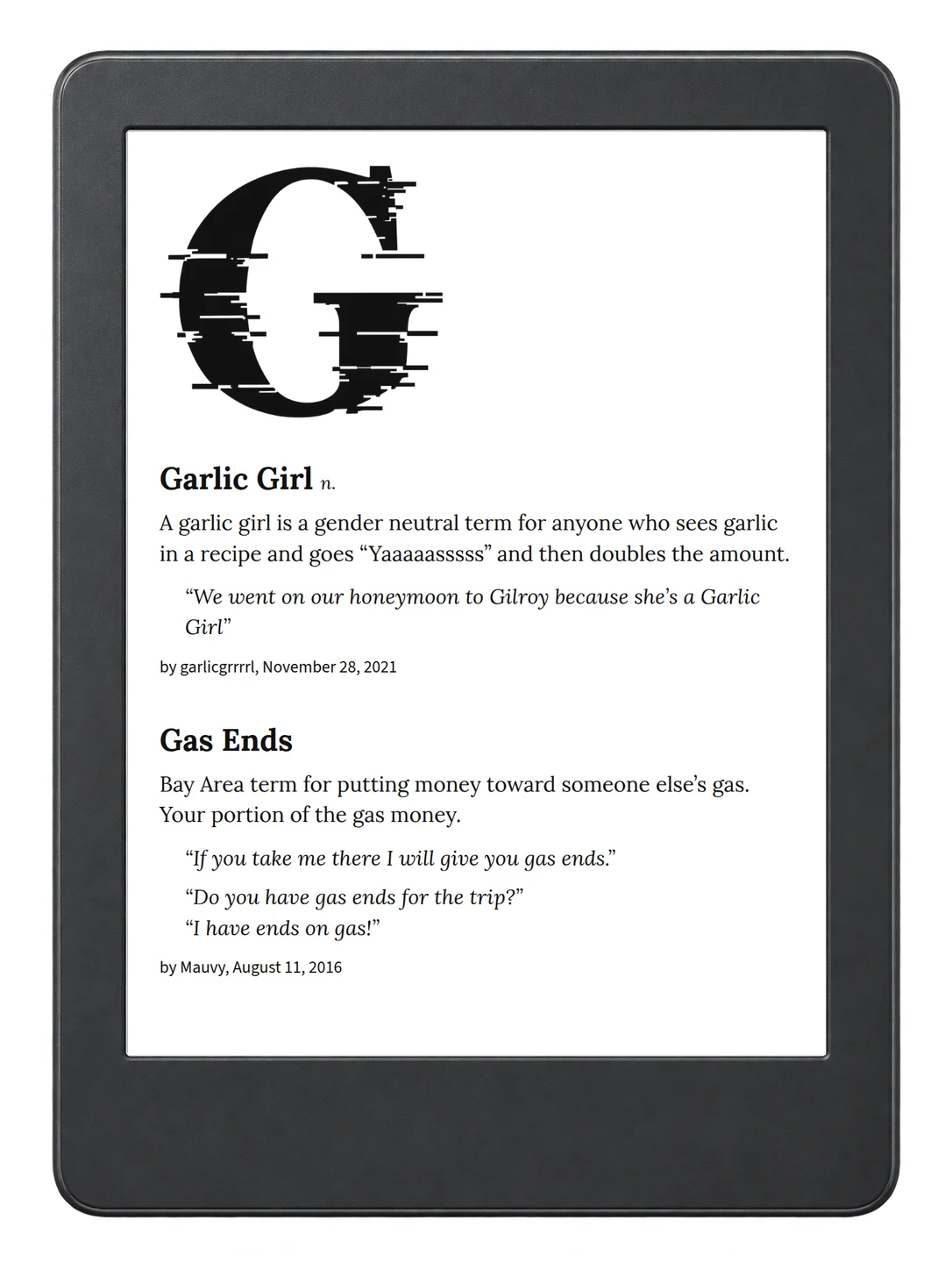 Selected passage from Urban Dictionary of the San Francisco Bay Area on an illustrative e-reader (device not included)