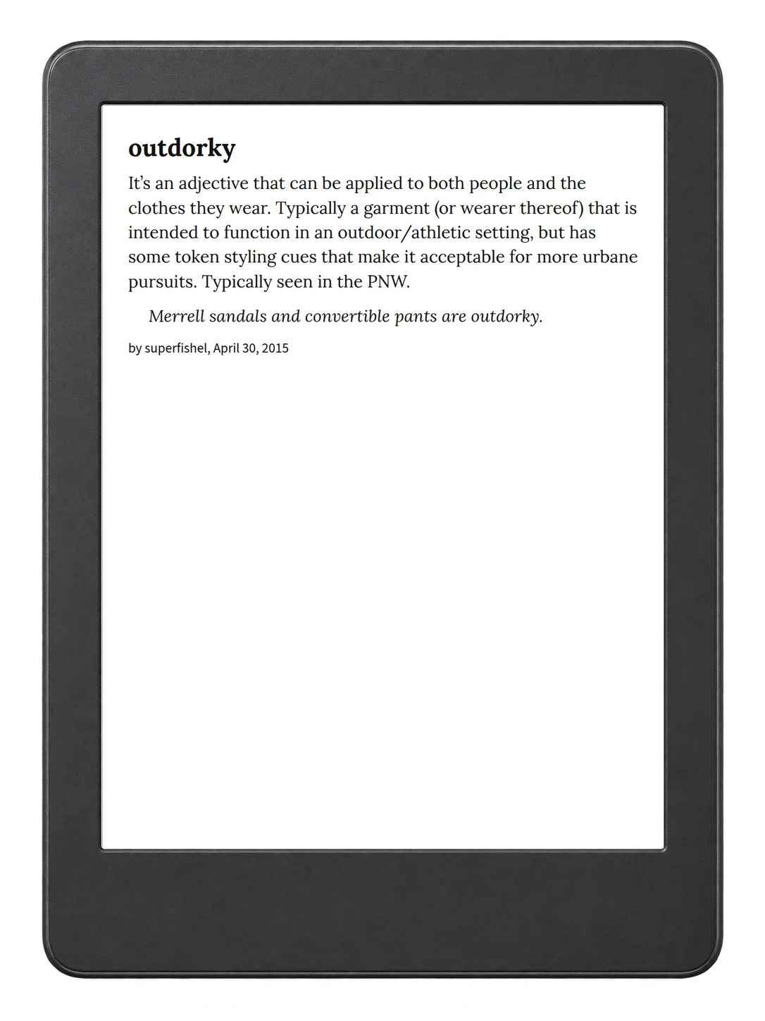 Selected passage from Urban Dictionary of the Pacific Northwest on an illustrative e-reader (device not included)
