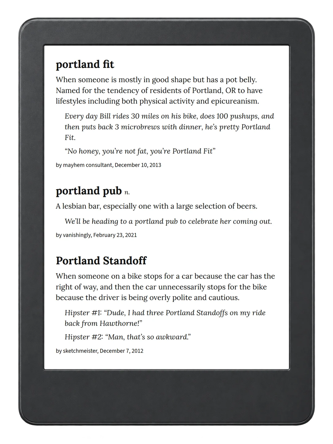 Selected passage from Urban Dictionary of the Pacific Northwest on an illustrative e-reader (device not included)