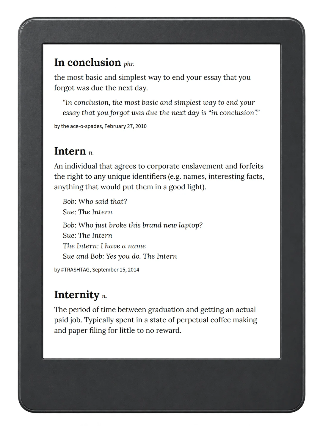 Selected passage from Urban Dictionary of College on an illustrative e-reader (device not included)